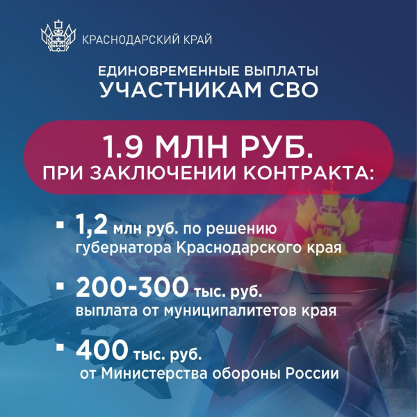 Контрактники от Краснодарского края получат до 1,9 млн рублей Контрактники от Краснодарского края получат до 1,9 млн рублей